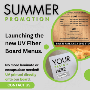 Vibrant summer-themed promo showcasing the new UV Fiber Board Menus from The Menu Shop, featuring durable, high-quality materials with vivid colors and sleek designs perfect for any restaurant's summer refresh.